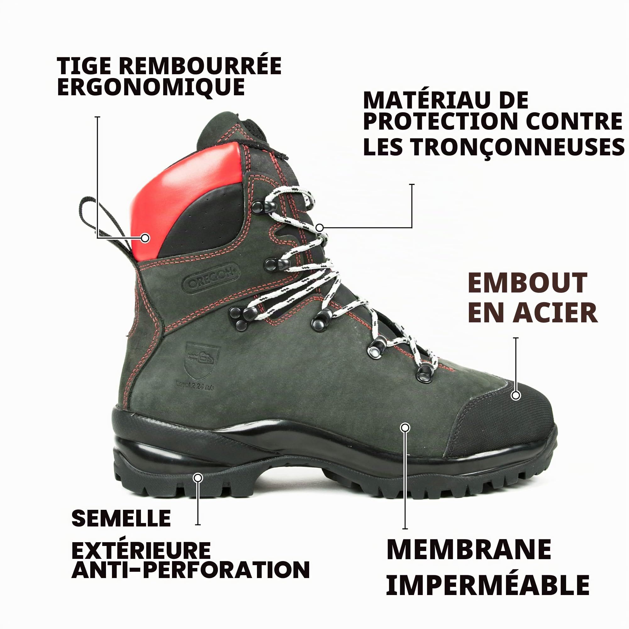 OREGON - Chaussures de Sécurité pour Tronçonneuse de Classe 1/2, Bottes Imperméables en Cuir Nubuck Véritable Haute Qualité, Résistantes Chaud Froid, Chaussures pour Bûcherons