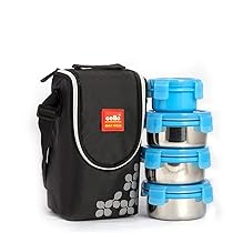 CELLO Max Fresh Click Lunch Box Set with Bag, 4 Containers, 300 ml, Blue Outer Plastic & Inner Stainless Steel Tiffin Box with Jacket Leakproof Lunch Boxes Easy to Clean Ideal