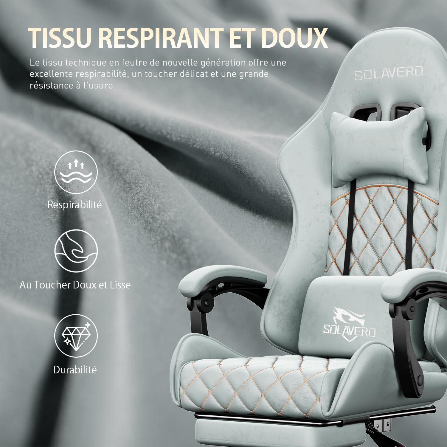 SOLAVERO Chaise Gaming en Tissu Suédine, Fauteuil Gamer Ergonomique avec Support Lombaire Massante, Siège de Bureau avec Repose-Pieds Télescopique, Charge 150kg, Bleu Clair