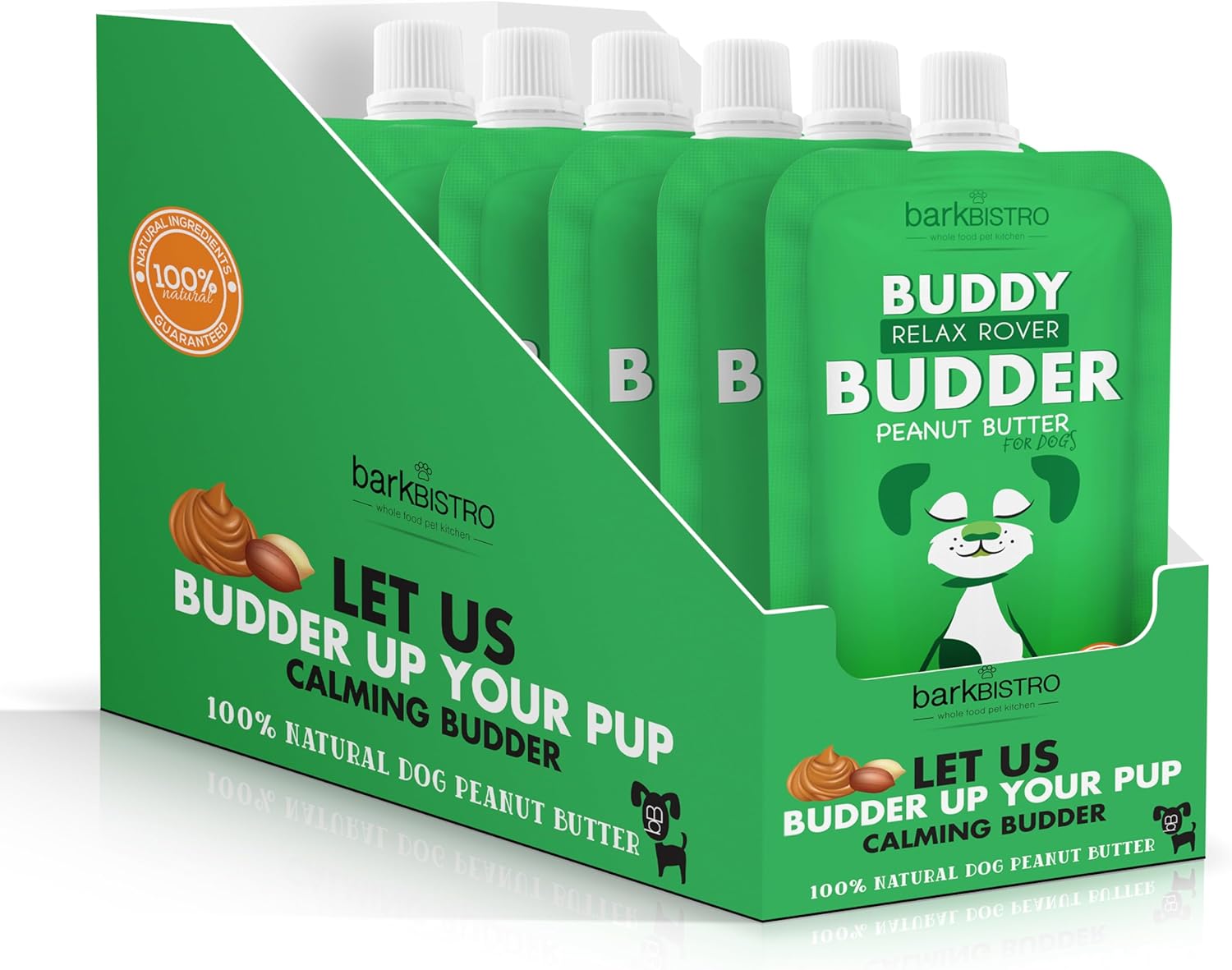 BUDDY BUDDER 6 Pack Calm down Rover Canine Peanut Butter Squeeze Packs, Calming Canine Peanut Butter, Made in USA (4oz Every)