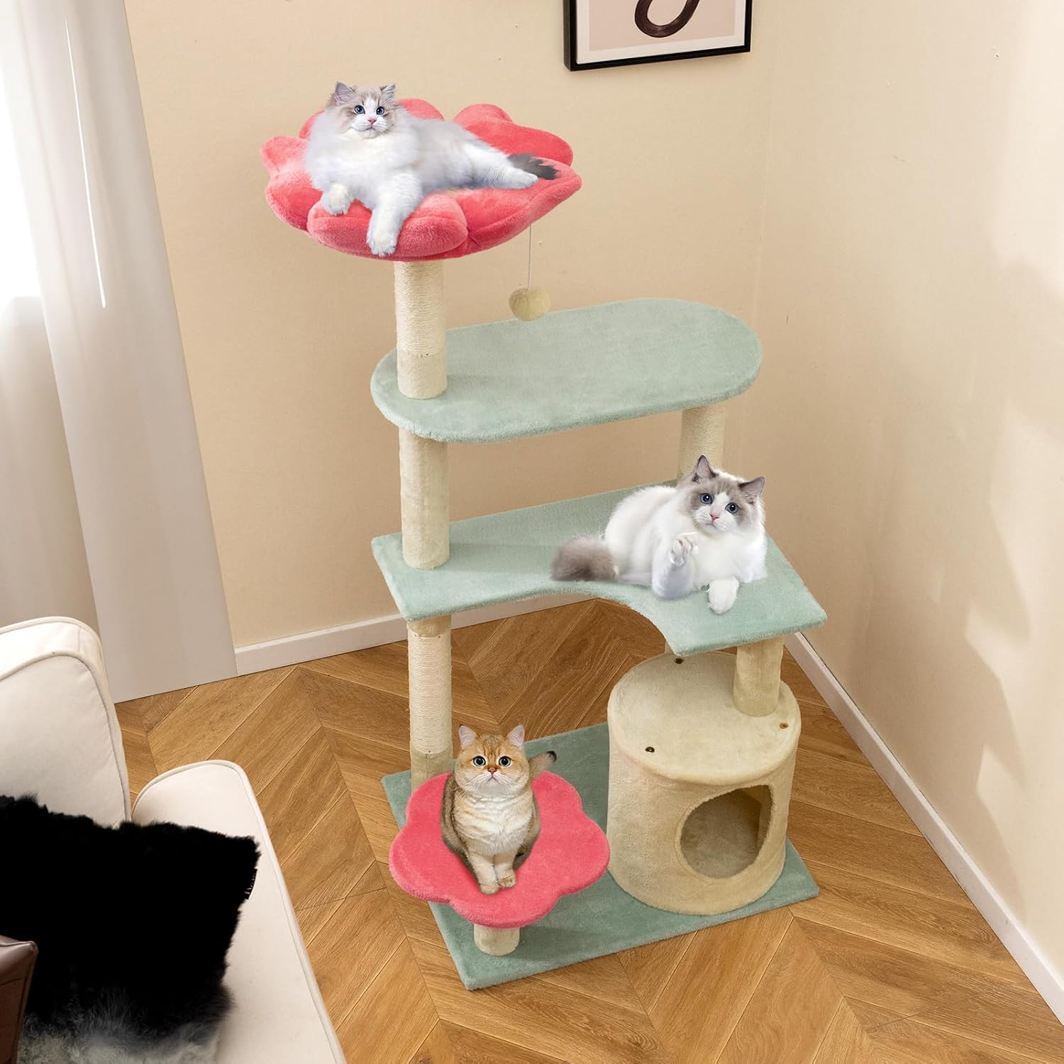 Tangkula Flower Cat Tree, 49 Inch Multi-Level Aesthetic Floral Kitten Tower with Flower-Shaped Plush Padded Perch, Condo, Sisal Scratching Posts, Dangling Ball, Cute Cat Tree Tower for Indoor Cats