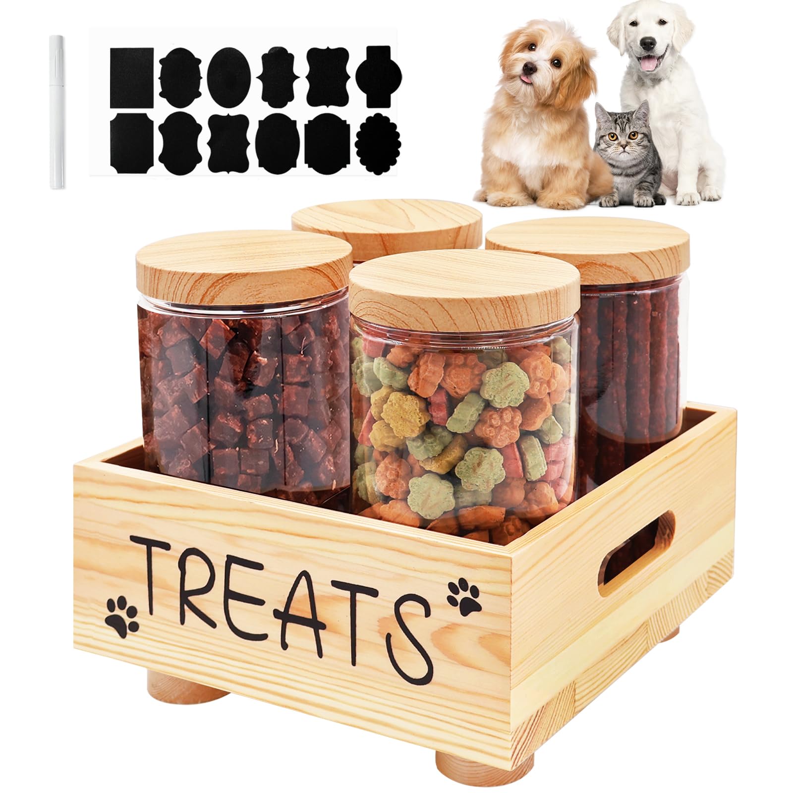 Dog Treat Container, Wooden Dog Treat Organizer with 4 Dog Treat Jars and Handles, Farmhouse Pet Treat Storage for Dog and Cat, Dog Treat Jars for Kitchen Counter Lids Airtight