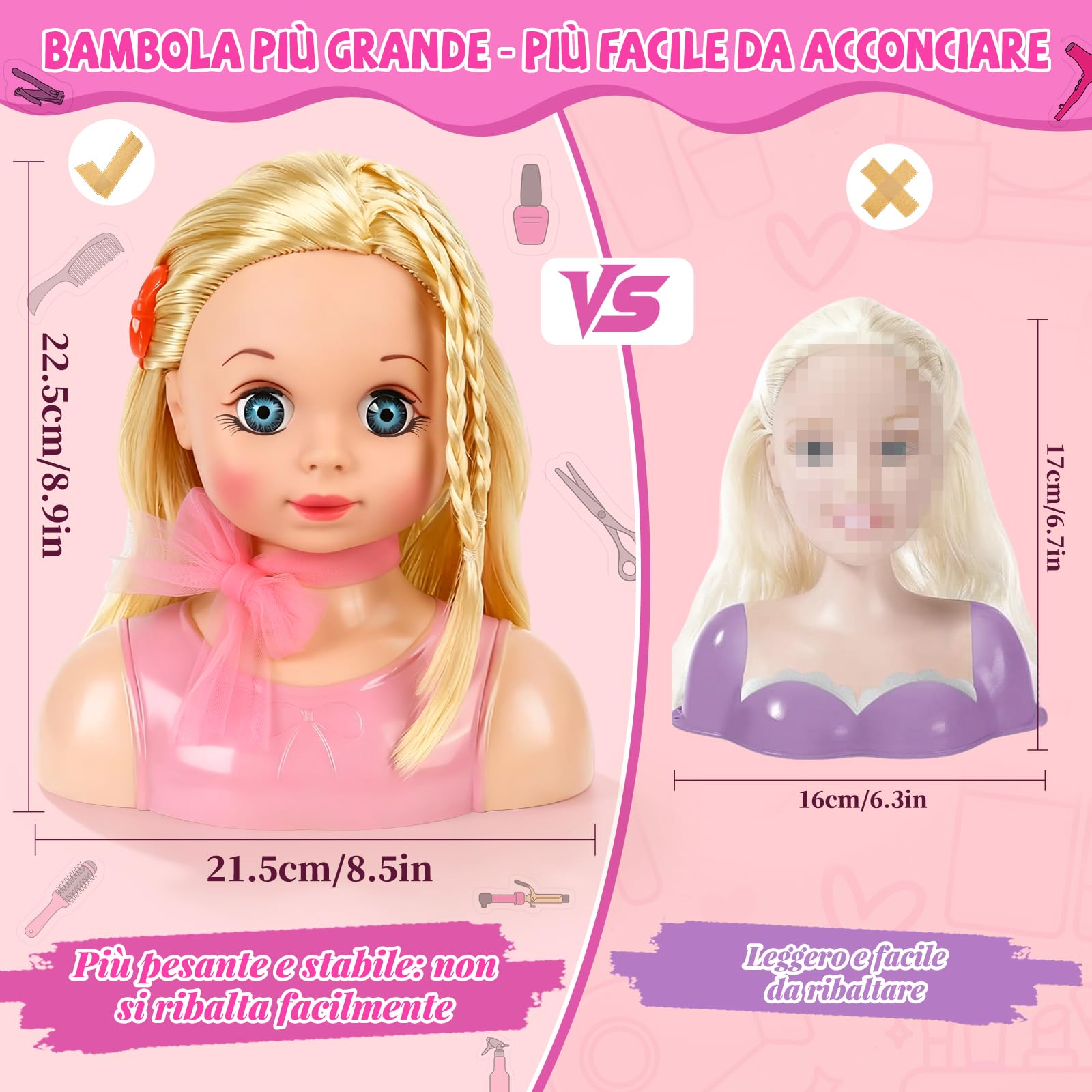 Testa Bambola da Truccare e Pettinare, Bambola Parrucchiere per Bambini, Lavabili Parrucchiere Testa Giocattolo con Forcine Regalo per Ragazze 4 5 6 7 8 Anni