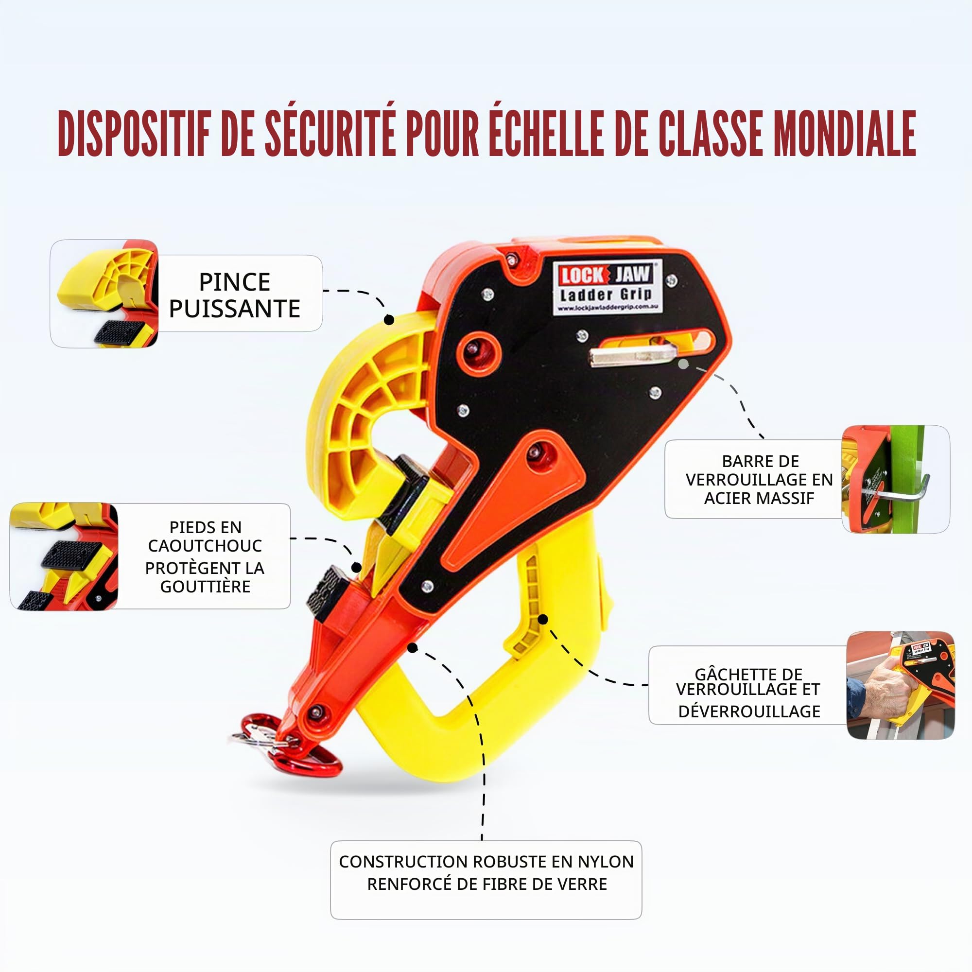 Lock Jaw Ladder Grip – Crochet stabilisateur pour échelle de toit et gouttières, installation rapide en 5 s avec Slide-Lock sécurisé, évite glissements et protège les gouttières. (Lot de 1)