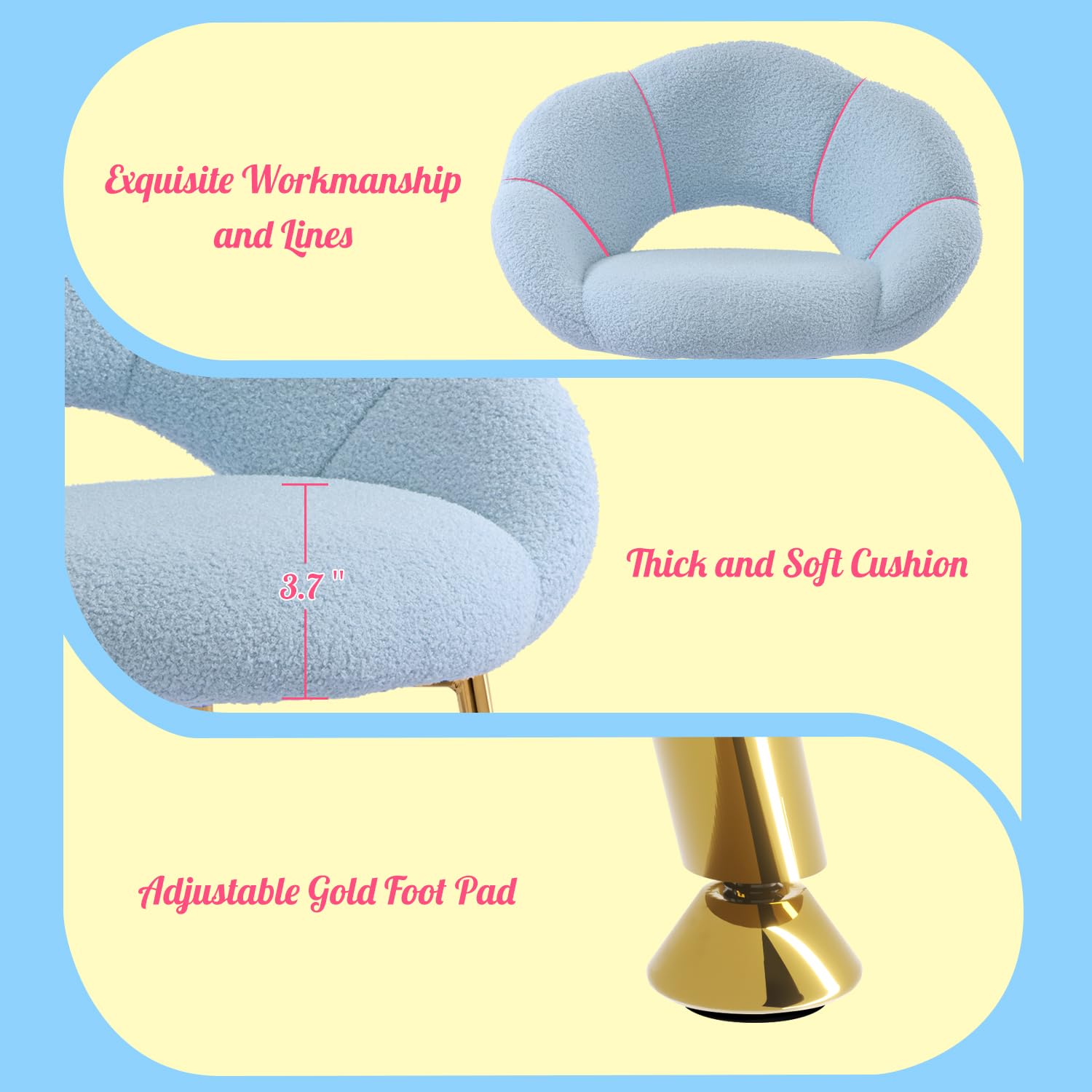 Sedia da toeletta in tessuto Teddy, poltrona relax e da lettura, a forma di fiore, poltrona lounge per studio, camera da letto, soggiorno, balcone (tessuto Teddy, azzurro)