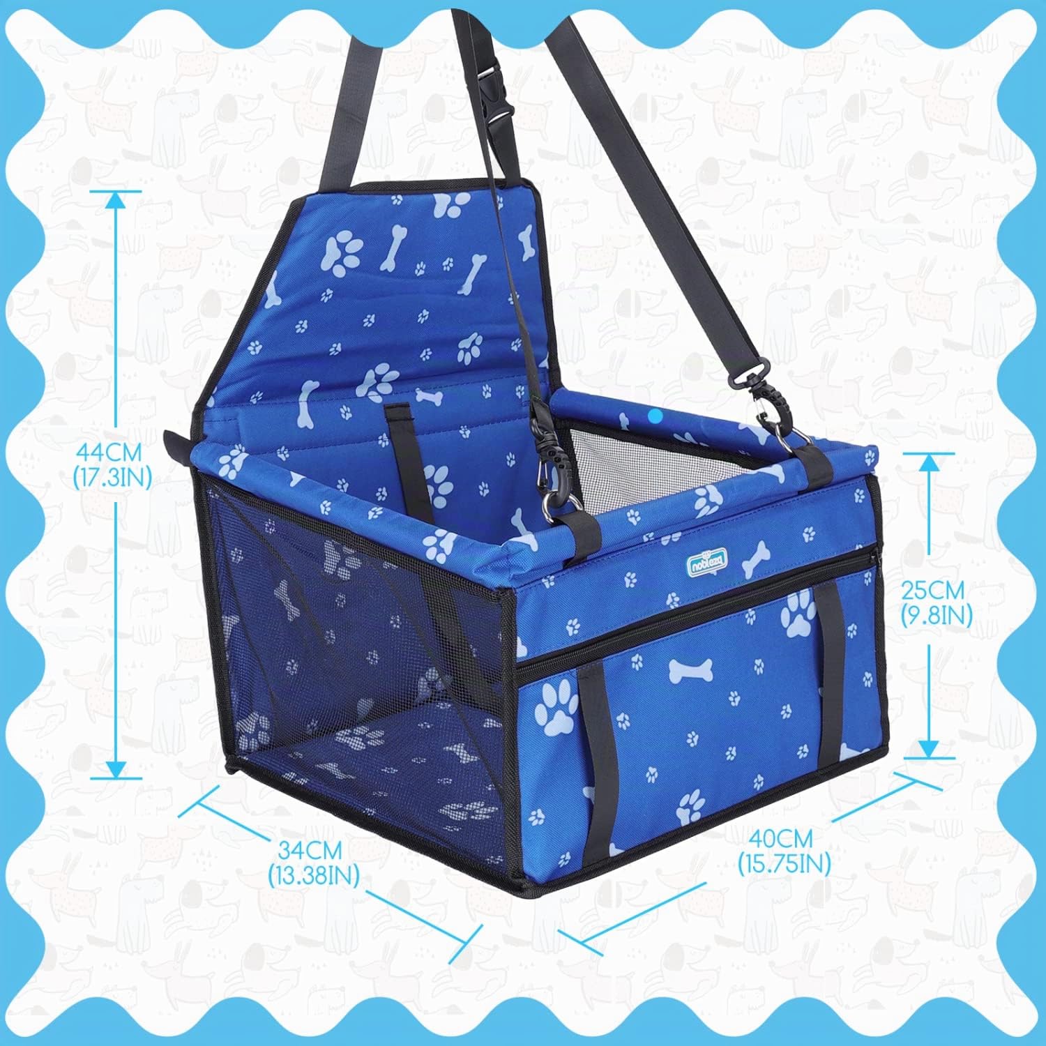 Nobleza Siège Auto pour Chien et Chat, Panier de Voiture Pliable pour Petits Chiens avec Ceinture de Sécurité, Imperméable et Respirant en Tissu Oxford, 40x34x25cm, Bleu