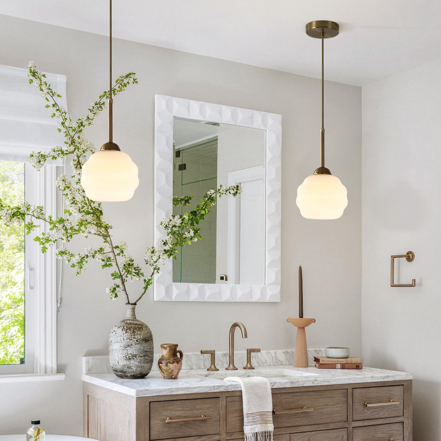 6" Small Milk Glass Pendant Light Brushed Gold Pendant Lighting for Kitchen Island White Globe Light Fixture Brass Hanging Light Fixture Dining Room Mid Century Ceiling Light