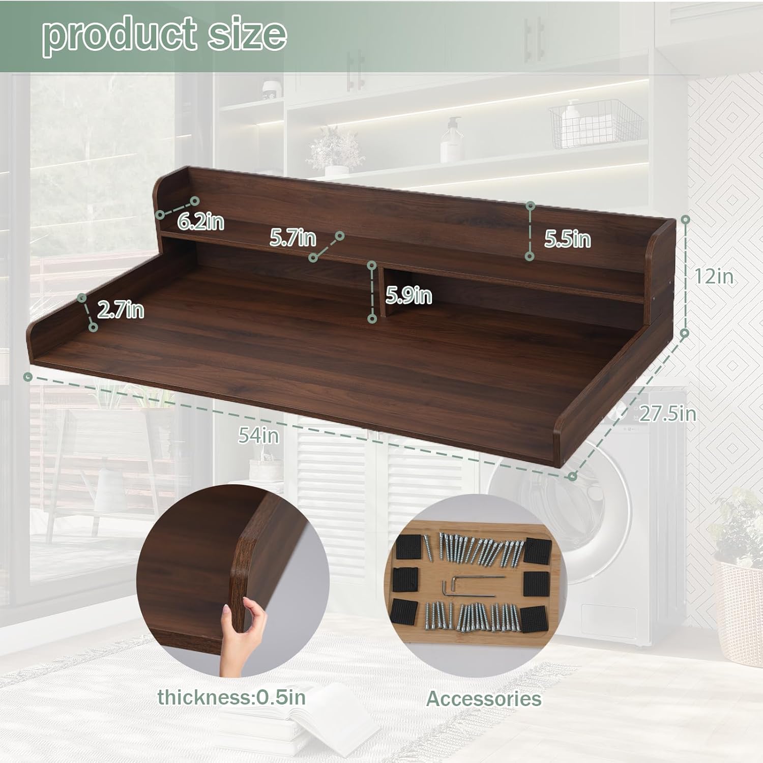 2-Tier Washer Dryer Countertop, Waterproof Laundry Countertop with Anti-Slip Mat, 54" W X 27.5" D Laundry Topper for Washer and Dryer, Ideal for Storing Supplies and Folding Clothes (Walnut wooden)