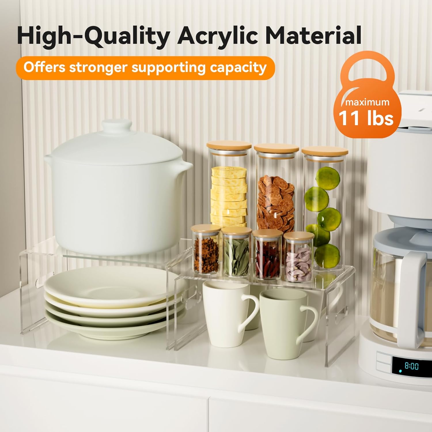 Clear Cabinet Organizer, 2 Pack Acrylic Shelves for Kitchen Pantry Organizers and Storage, Spice Rack Display Shelf Organizer for Shelving Room Decor Countertop Dishes, Soda Cans and Cup