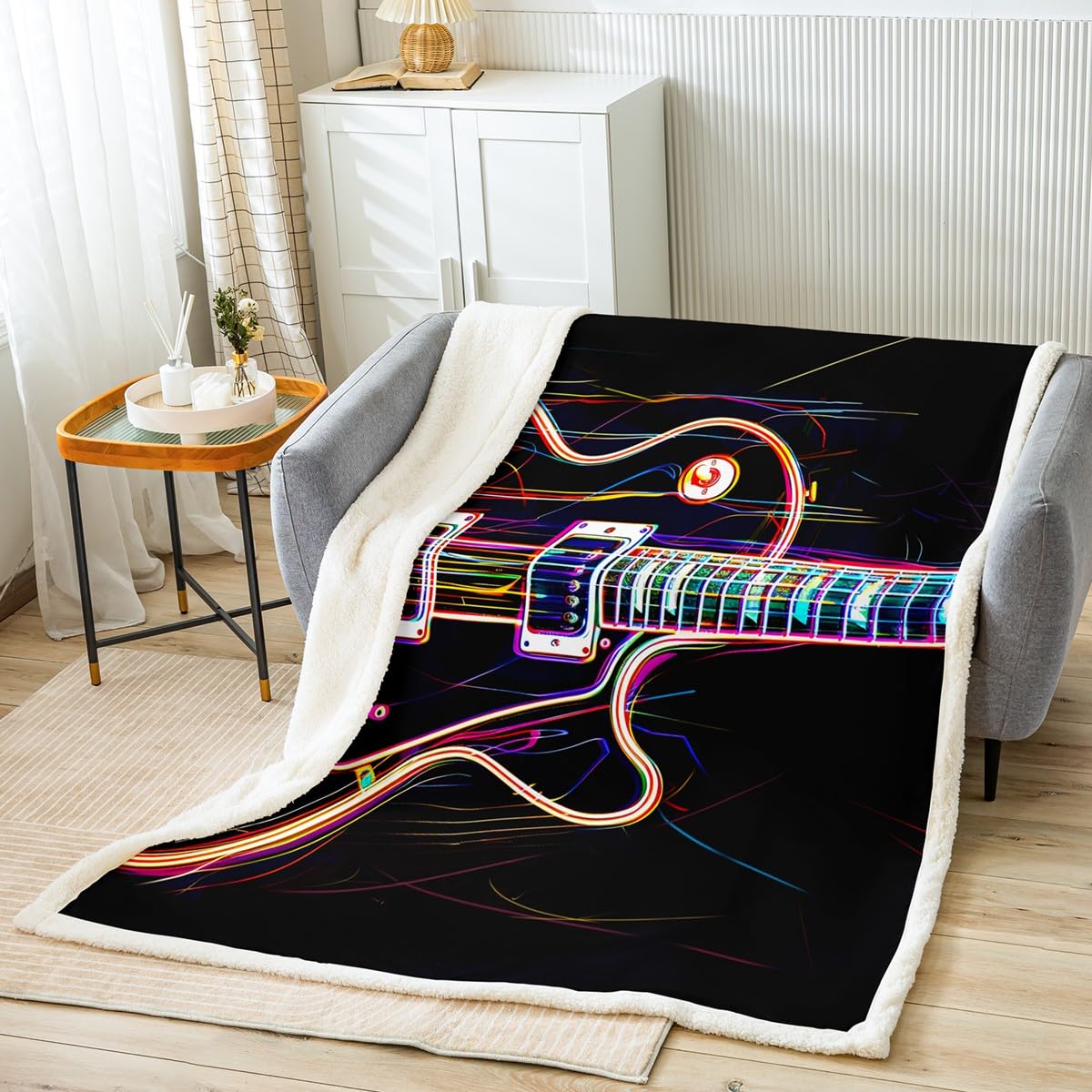 Manfei Coperta per letto per bambini, a tema musica rock, per ragazzi e ragazze, decorazione per la stanza, strumento musicale, hip-hop, coperta in pile morbida e traspirante (228 x 228 cm)