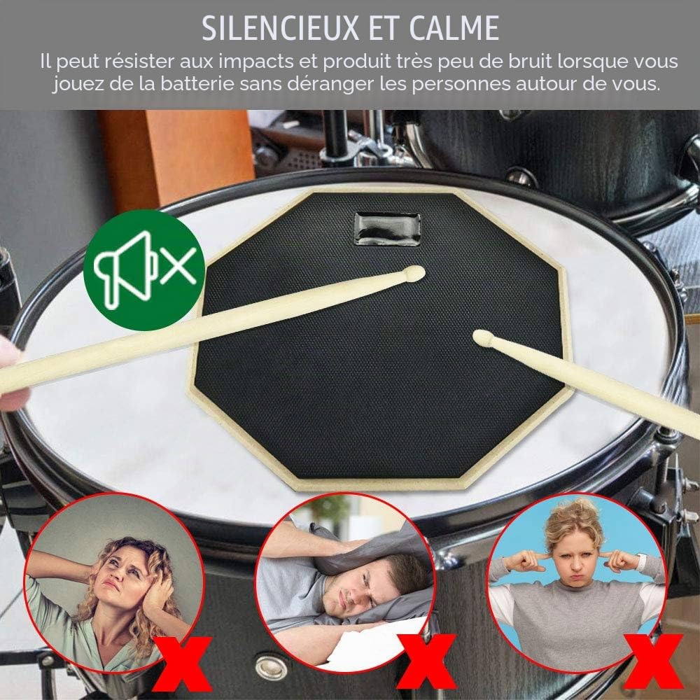 Pad Entraînement 8 Pouces, Caoutchouc et Bois Drum Practice Pad Kit pour Débutants et Professionnels avec 2 Pilon