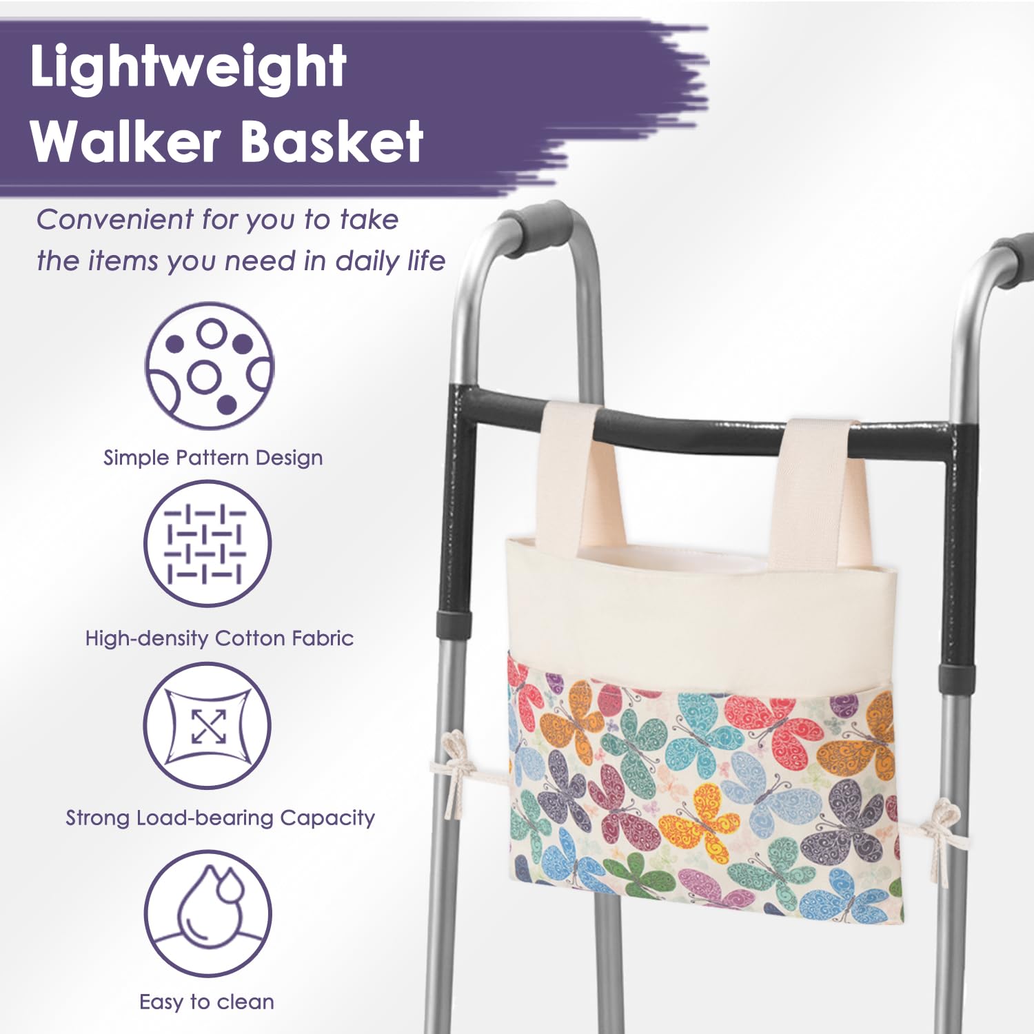TOGETRUE Bolsa para andador, práctica canasta para andador con portavasos de agua, bolsa de almacenamiento de accesorios para andador plegable, sillas de ruedas, cochecitos, 15" x 11.5" (mariposa)