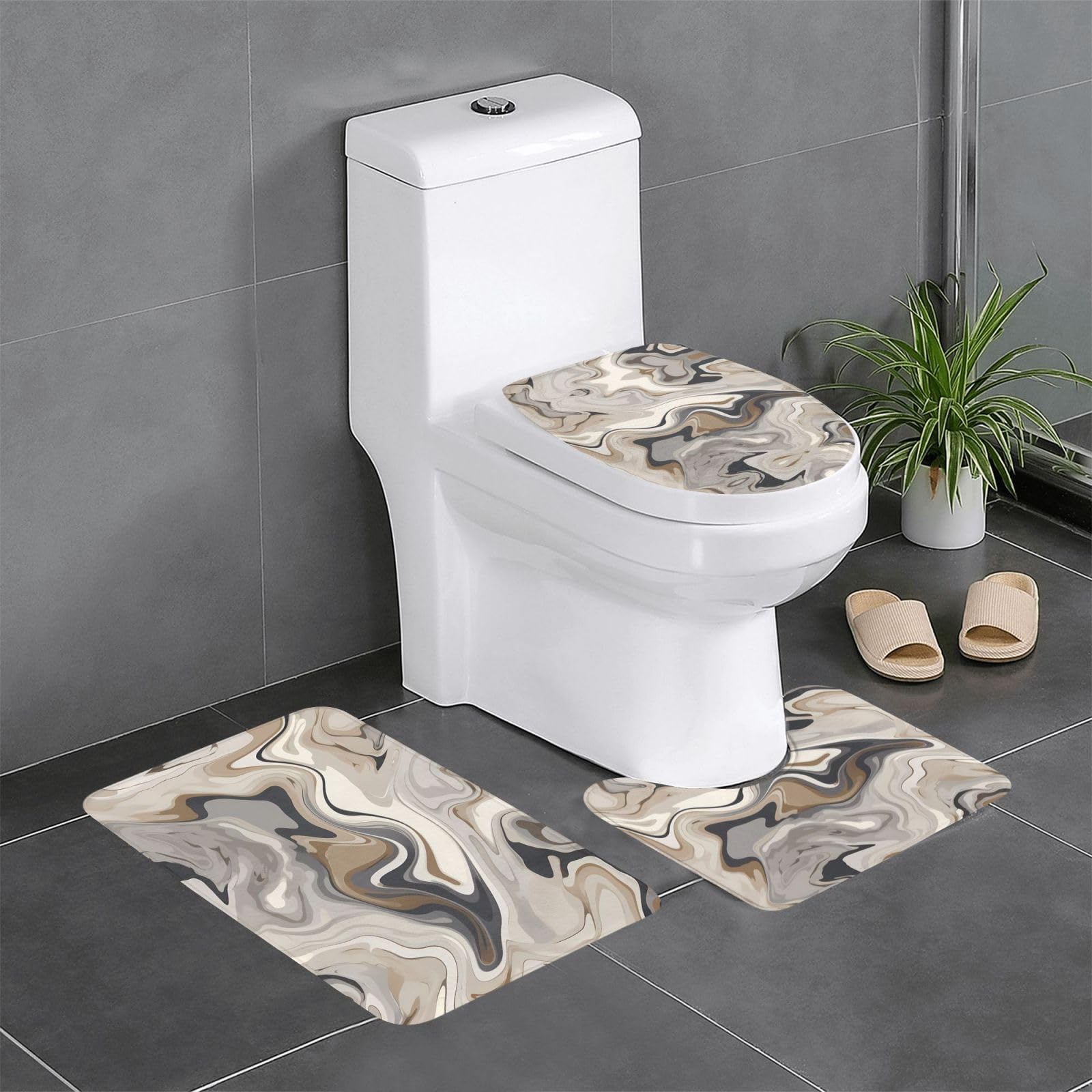 Lot de 3 tapis de salle de bain antidérapants motif marbre abstrait pour WC et vasque