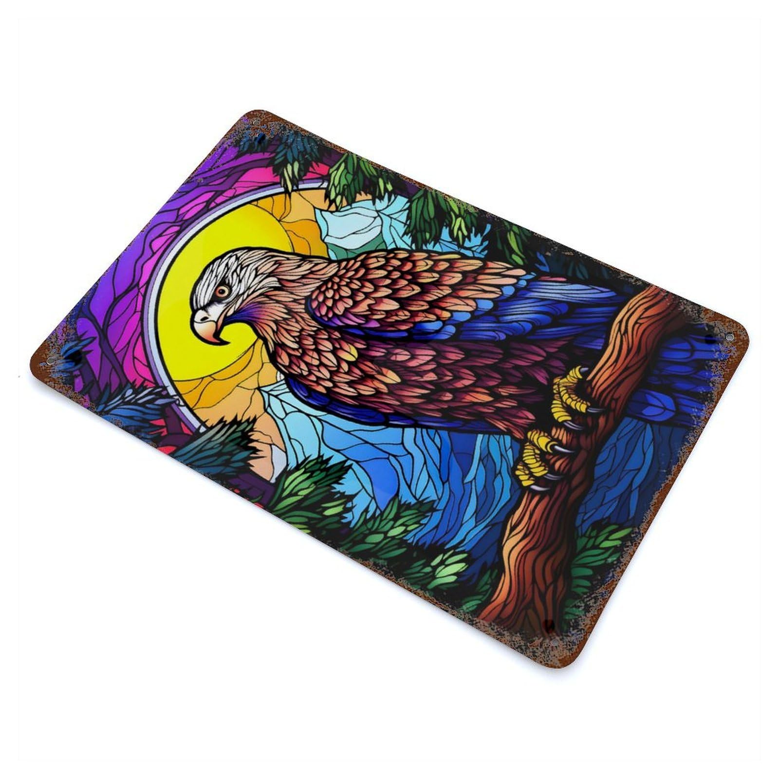 Eagle Colorful Stained Gla 11.8"x7.9" Weathered Tin Sign, Shabby Chic Decor for Cafe, Home Bar And Lounge Decor