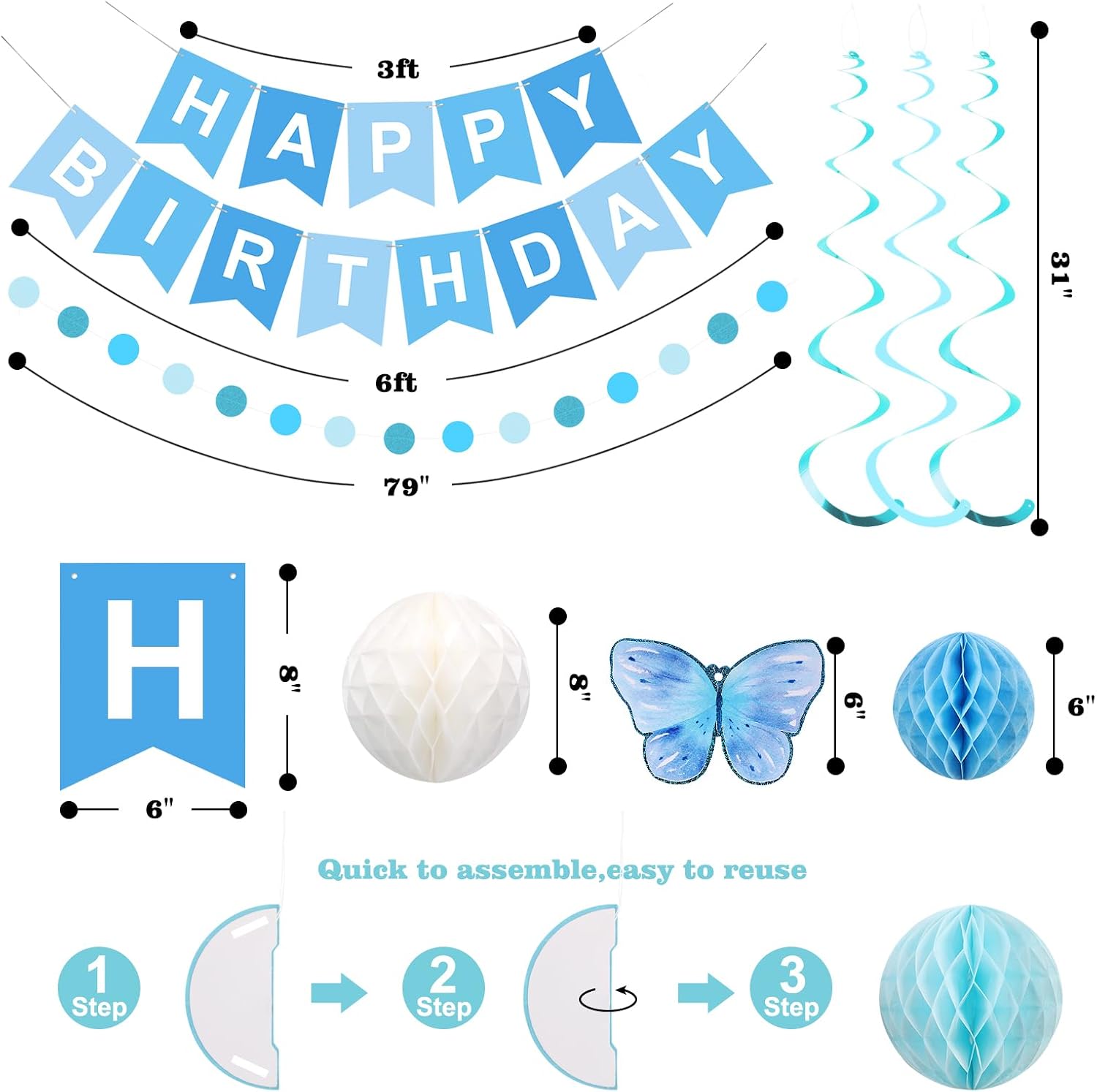 meowtastic Birthday Decorations, Butterfly Decor, No DIY, Pre-Strung | Blue butterfly birthday decor: pre-strung banner, honeycomb balls & swirls. No DIY, reusable for women, men & kids.