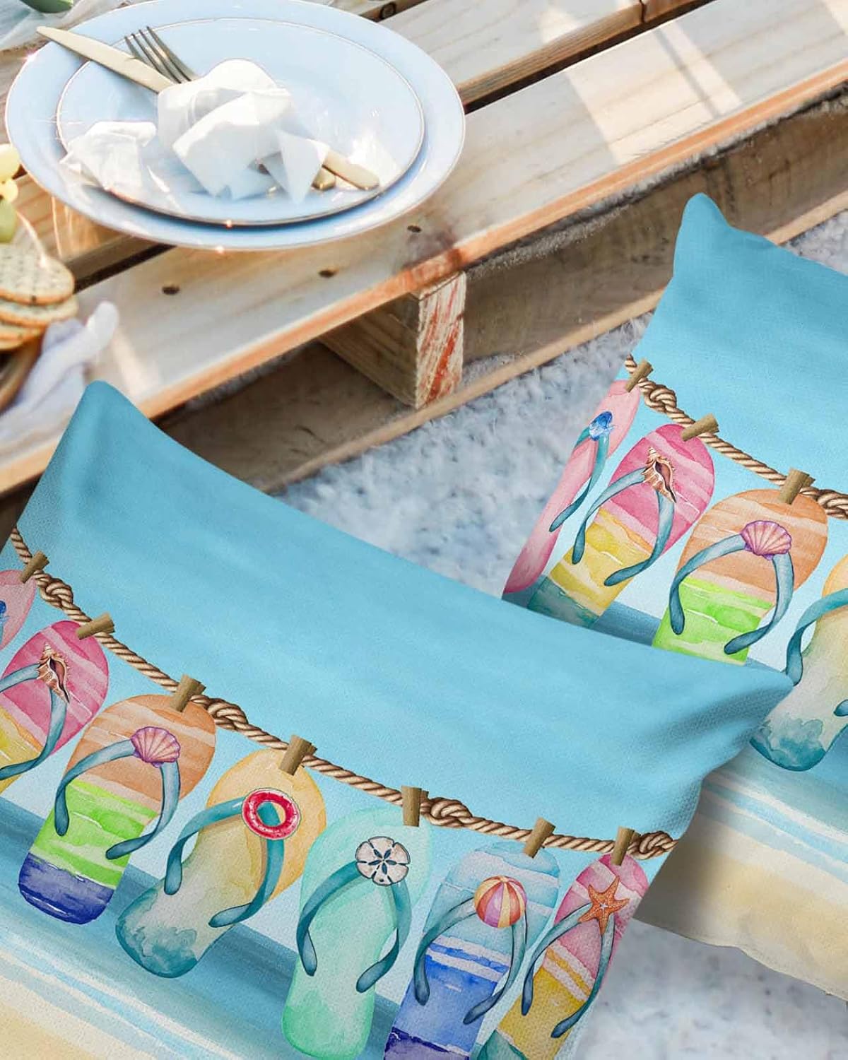 Summer Outdoor Waterproof Throw Pillow Covers 18 x 18 Inch Set of 2, Beach Sky Slippers Pillowcases Decorative Square Cushion Cases for Patio Furniture Couch Porch Garden