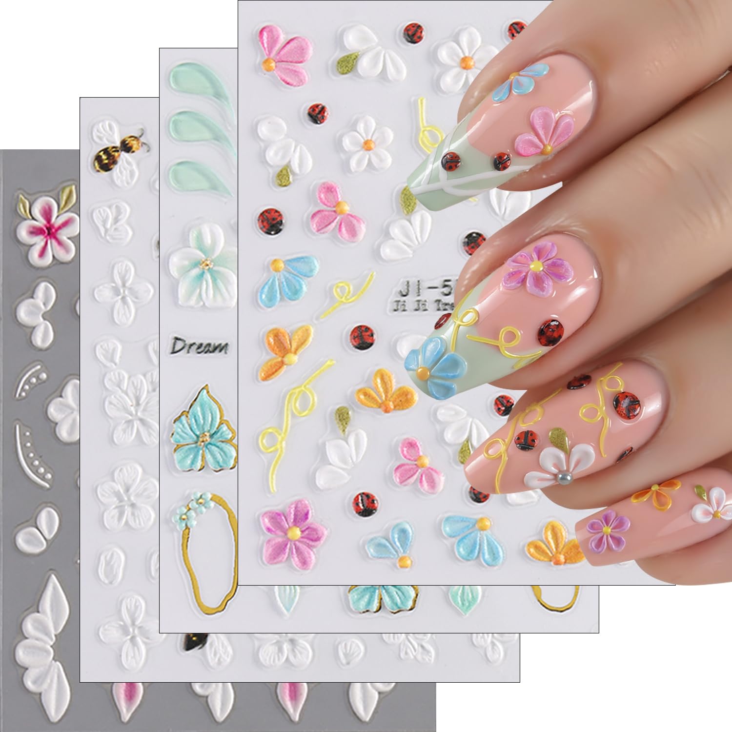 4 Sheets Flowers Nail Art Stickers Decals Spring Summer Floral Nail Stickers 5D Embossed Self-Adhesive Pink White Blue Green Orange Flower Nail Decals