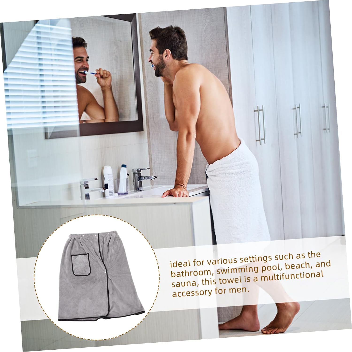 Men Adjustable Bath Wrap Soft Coral Fleece Towel with Pocket Quick Drying High Absorbency Comfortable Spa Beach Use Fits Sauna