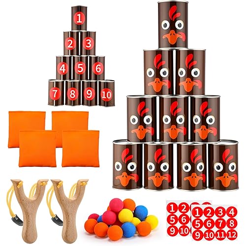 37 Pcs Thanksgiving Party Knockdown Can Games Set 2-in-1 Bean Bag Toss and Slingshot Shooting Game with Metal Cans Bean Bags Slingshots Foam Balls for Family Gatherings Carnival Party