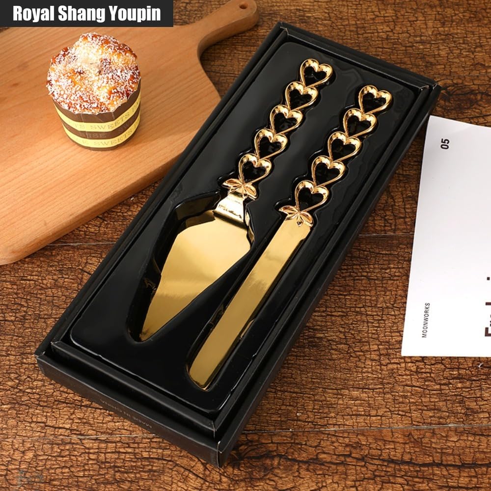 Royal Shang Youpin Creative Love Knife Handle Cake Knife Shovel Server 2-piece Set Bread Cutting Supplies Light Luxury Crafts Desktop Tableware Decoration (Gold)