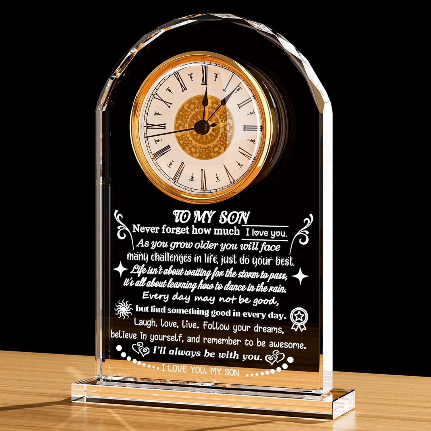 Lovely Gifts for Son from Mom Dad Inspirational Crystal Clock Unique I Love You Presents to My Sons Adult Best Son Ever Gifts for Birthday Graduation Thanksgiving Christmas