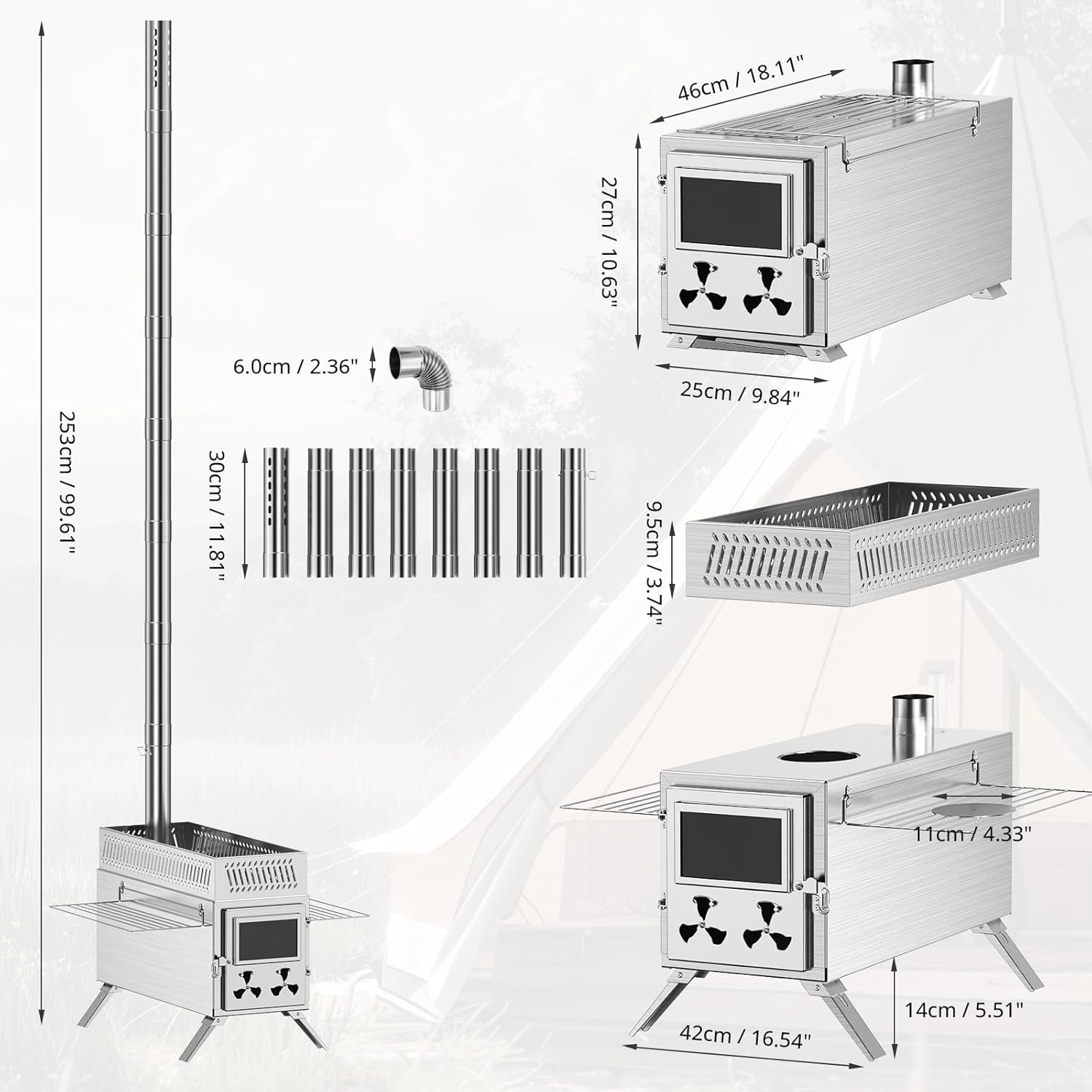 Upgraded Wood Burning Sauna Hot Tent Stove, 2 in 1 Tent Wood Burning Stove with Chimney Pipe for Outdoor Camping Heating, Camping, Hunting, Heating, Cooking, Ice Fishing, Boiling Water