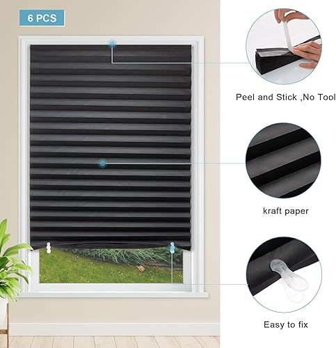 Vista 21 de MYshade Paquete de 6 persianas de papel opacas temporales para ventanas, persianas plisadas de papel con adhesivo, sin herramientas, sin Negro