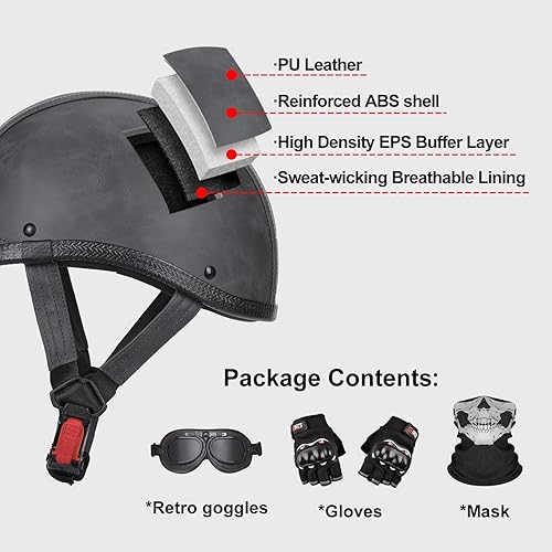 Miniatura 5 de Casco de motocicleta de cuero hecho a mano, casco retro de media cara para adultos, hombres y mujeres, casco ligero abierto 12 vintage para