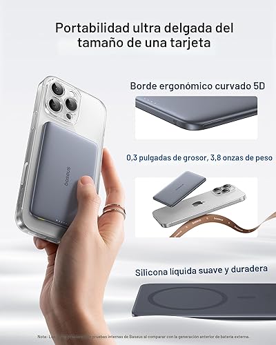 Miniatura 2 de Baseus PicoGo Batería externa portátil MagSafe ultradelgada, 0.3 pulgadas, 5000 mAh, magnética, tamaño tarjeta, cable trenzado USB-C, inalámbrica,