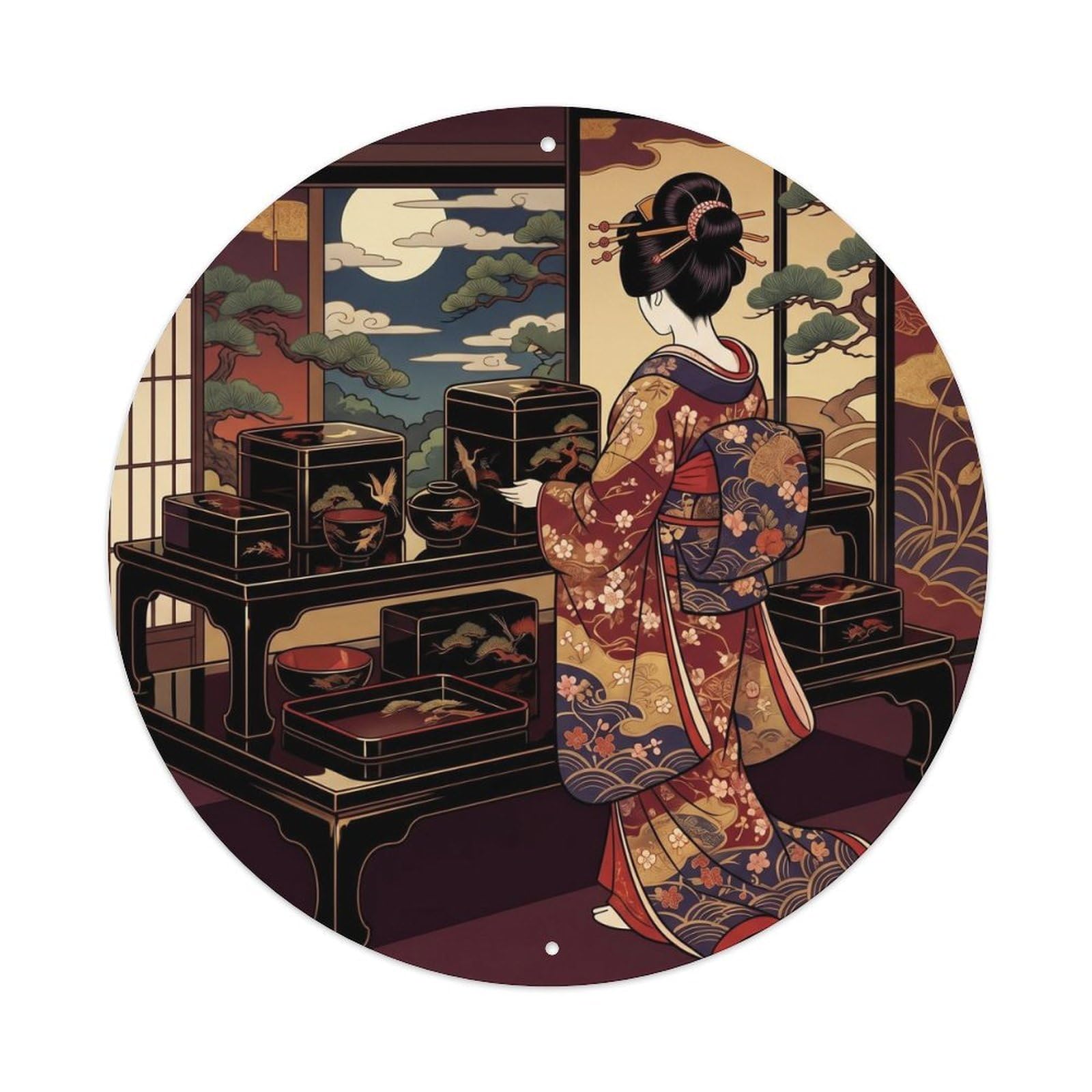 Tgrcjimh Style Metal Tin Sign Japanese Black Lacquer Vessels Geisha Scene