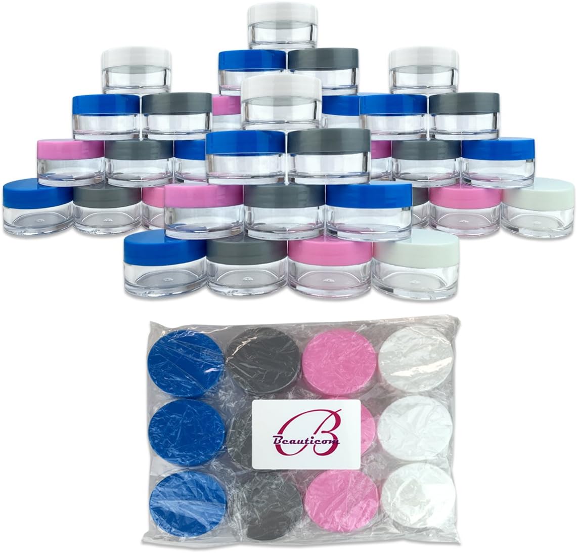 Beauticom 48 Pieces 20 Gram 20ml Empty Jars Small Plastic Round Clear containers fit Lip Balm, Cosmetic, Lotion, Pot, BPA Free.
