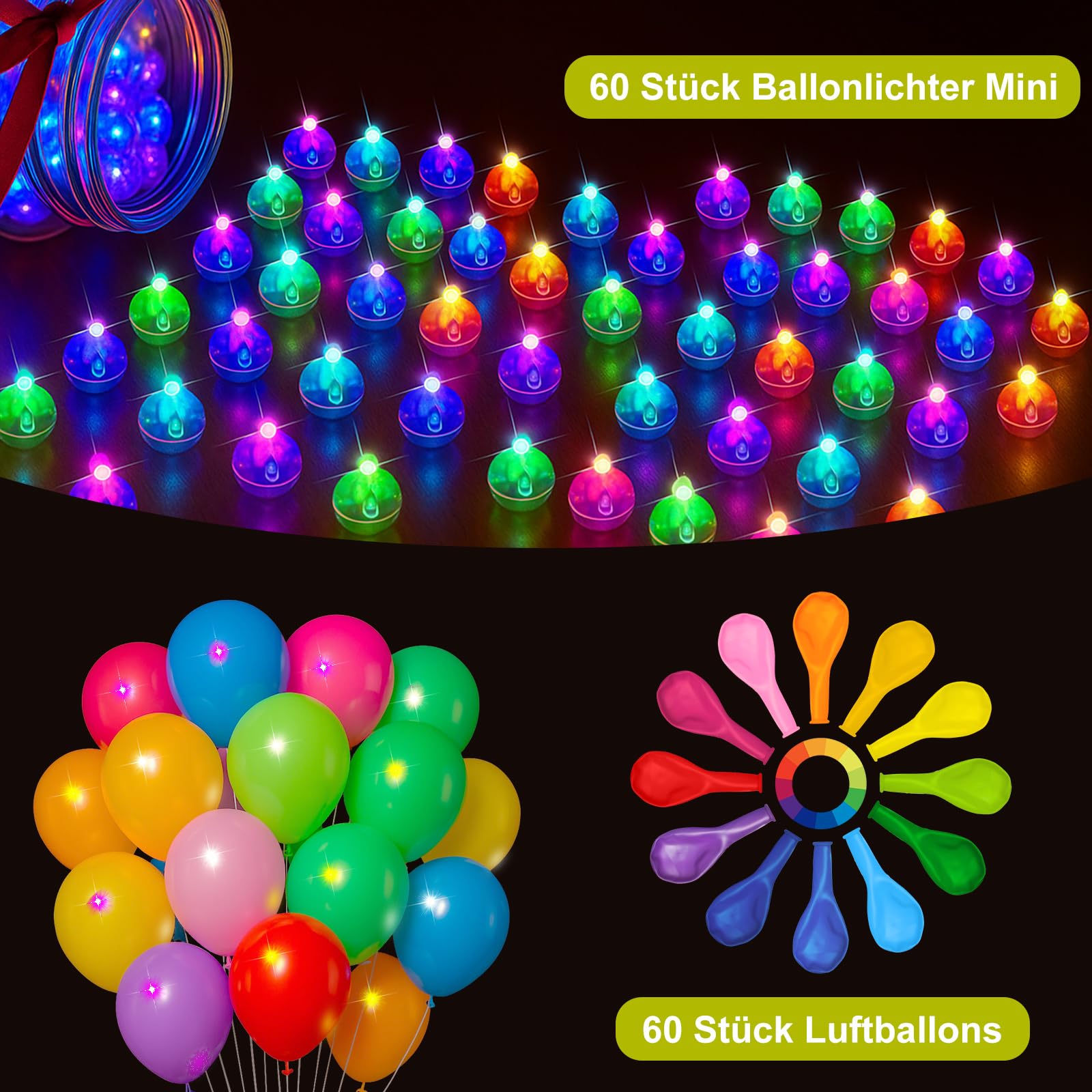 Lot de 120 ballons LED ronds - Mini lumières LED multicolores clignotantes - Pour anniversaire, mariage, fête, Halloween, Noël, carnaval, bar, club