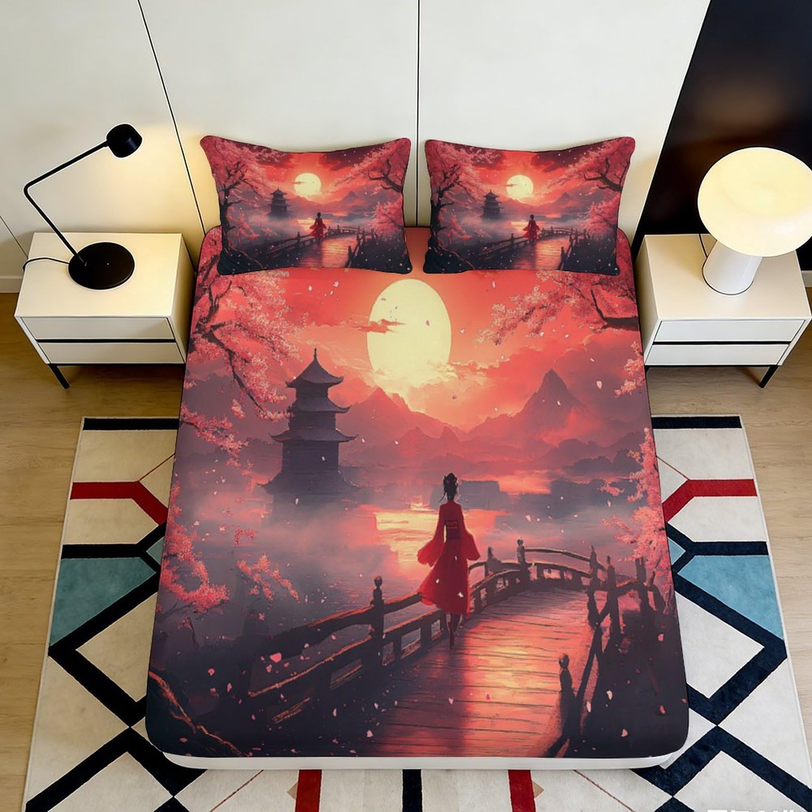 Jqzkxnhpbr Style-5 3D Printed Sunset Pagoda Fitted Sheet Microfiber Oriental Bridge Mattress Cover For Bedroom Dorm Decor Easy Care 90X200x25cm