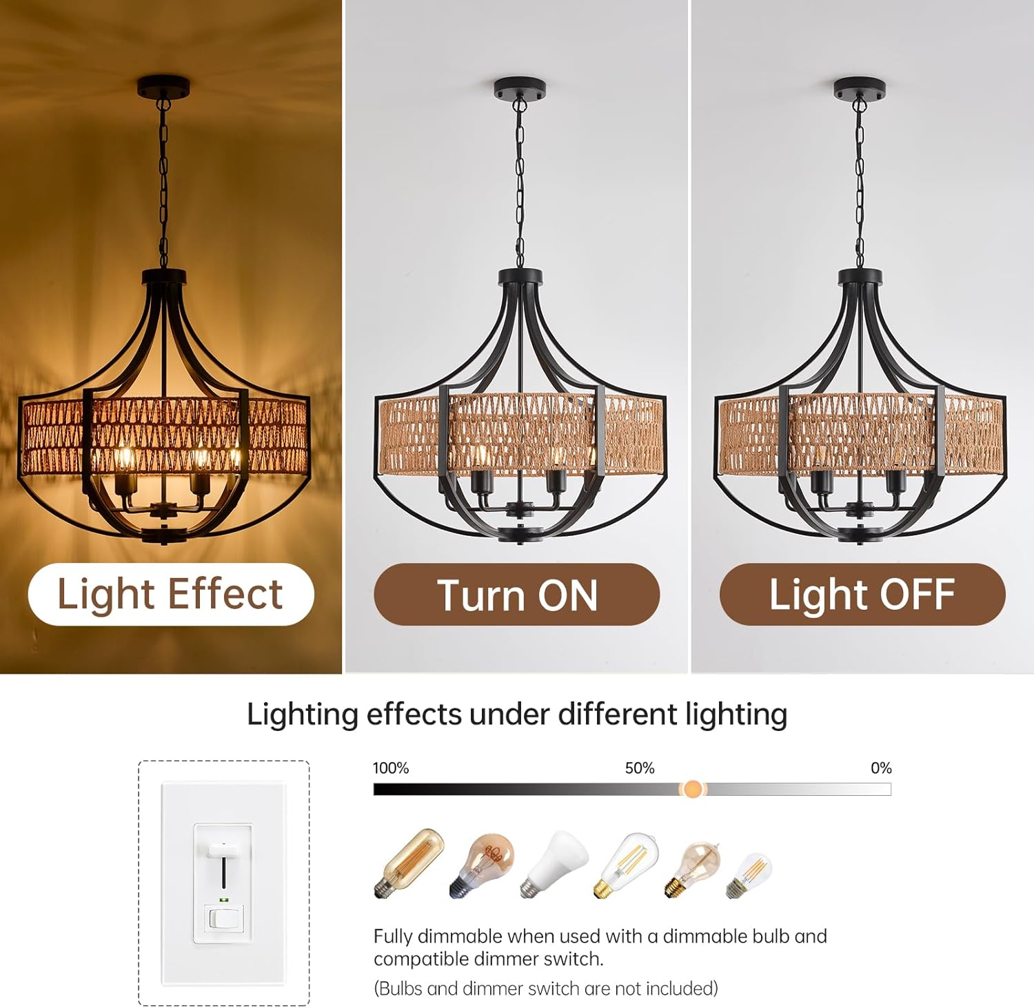 25.6" Large Rattan Farmhouse Chandelier, 6-Light Boho Black Modern Chandelier Light Fixture, Rustic Wicker Chandelier with Woven Shade for Dining Room, Living Room, Bedroom