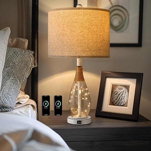 Miniatura 6 de OYEARS Lámpara de mesa USB A+C de 23 pulgadas para dormitorio, sala de estar, lámparas de noche modernas retro de casa de campo de ratán de cristal