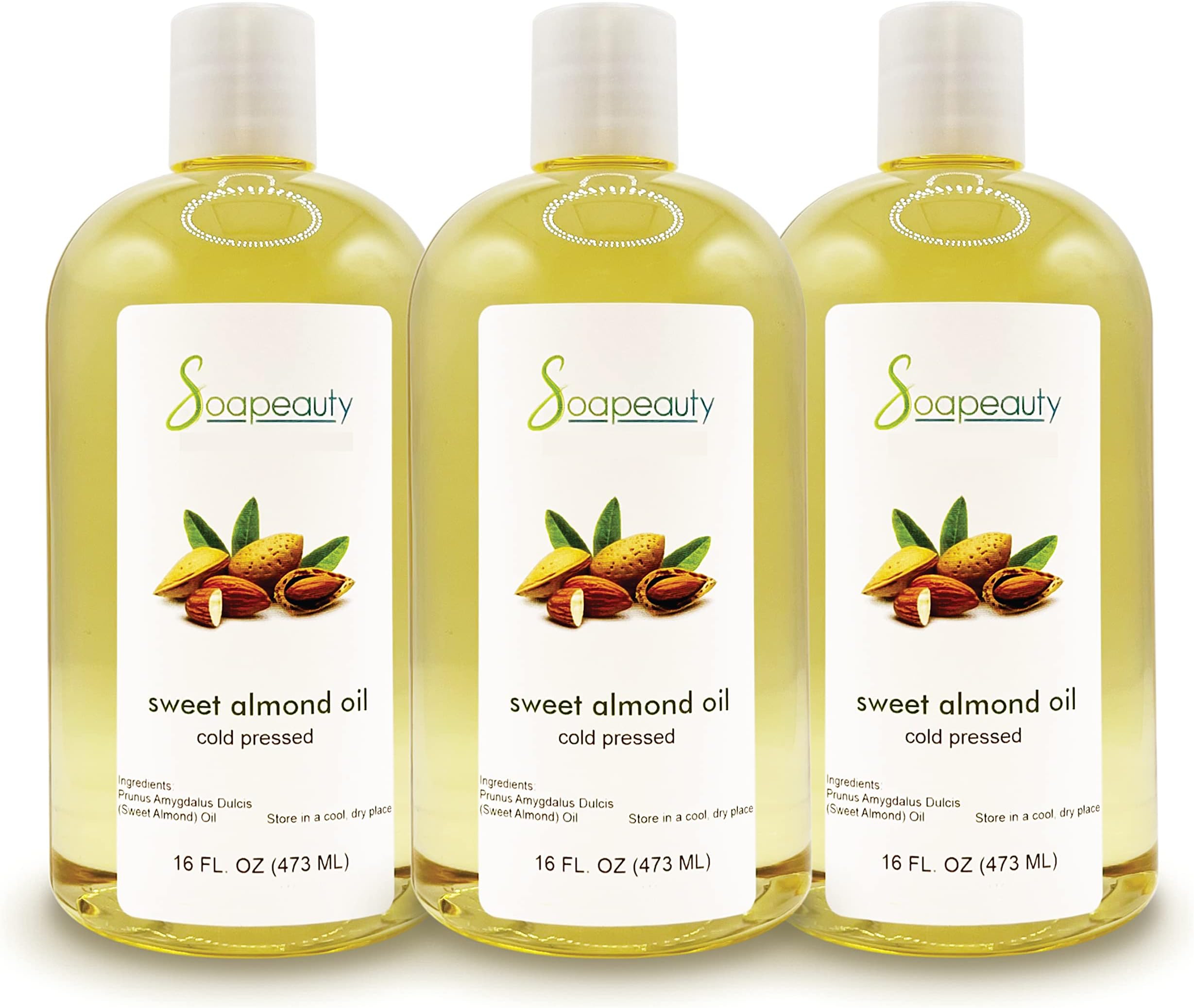 Soapeauty Sweet Almond Oil Cold Pressed Refined | 100% Pure Sweet Almond Oil Available in Bulk | Carrier for Essential Oils, Almond Oil for Skin, Face, and Hair, Soap Making | 48 fl oz (3 * 16 fl oz)