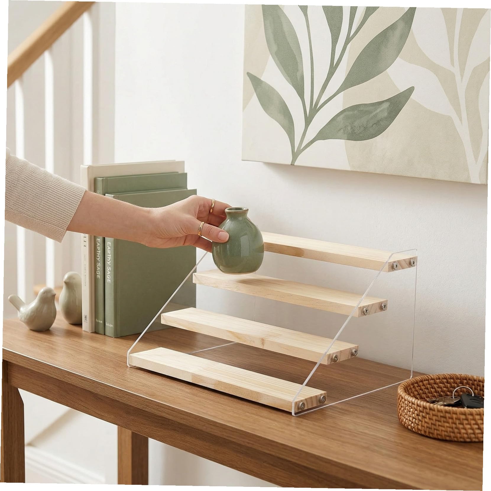 SHINEOFI Scaffale Portaoggetti a 4 Livelli in Legno e Acrilico, Espositore a Gradini per Dessert e Cosmetici, Organizer da Tavolo per Casa, Ristoranti e Eventi come Matrimoni e Feste