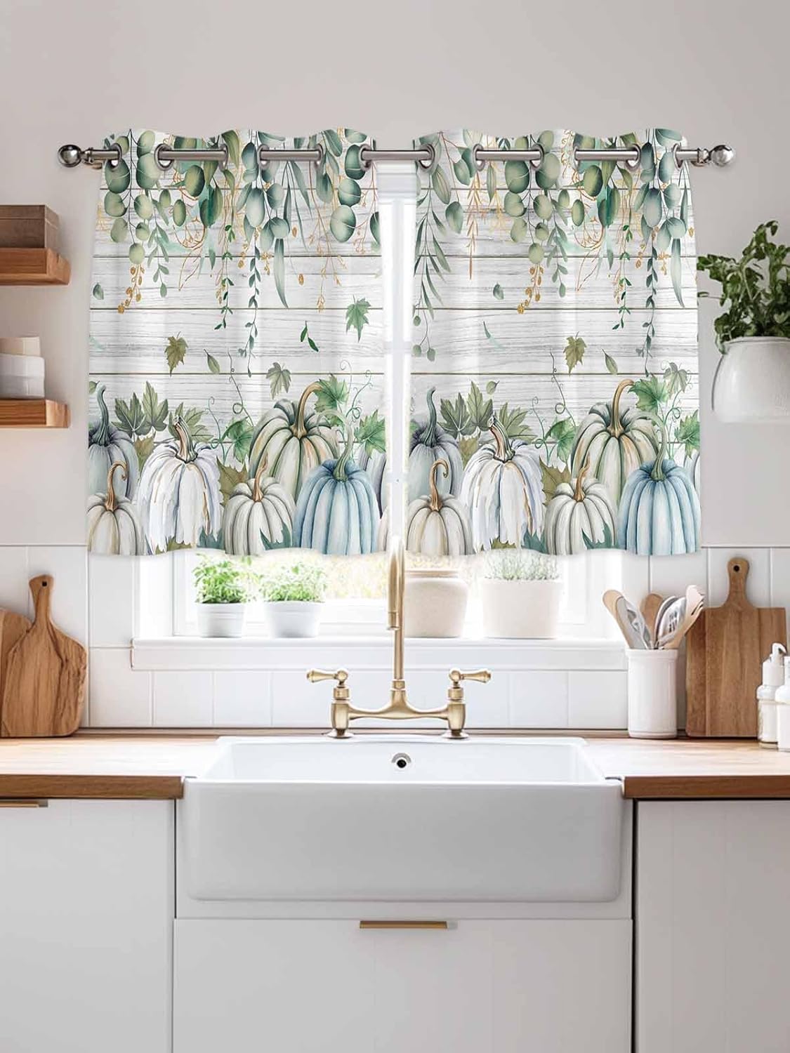 Green Blue Pumpkins Fall Kitchen Curtains Window Panels, Thanksgiving Eucalyptus Leaves Vintage Window Treatment Curtain, Grommet Curtains for Bedroom/Living Room, 2 Piece 42" Wx45 L