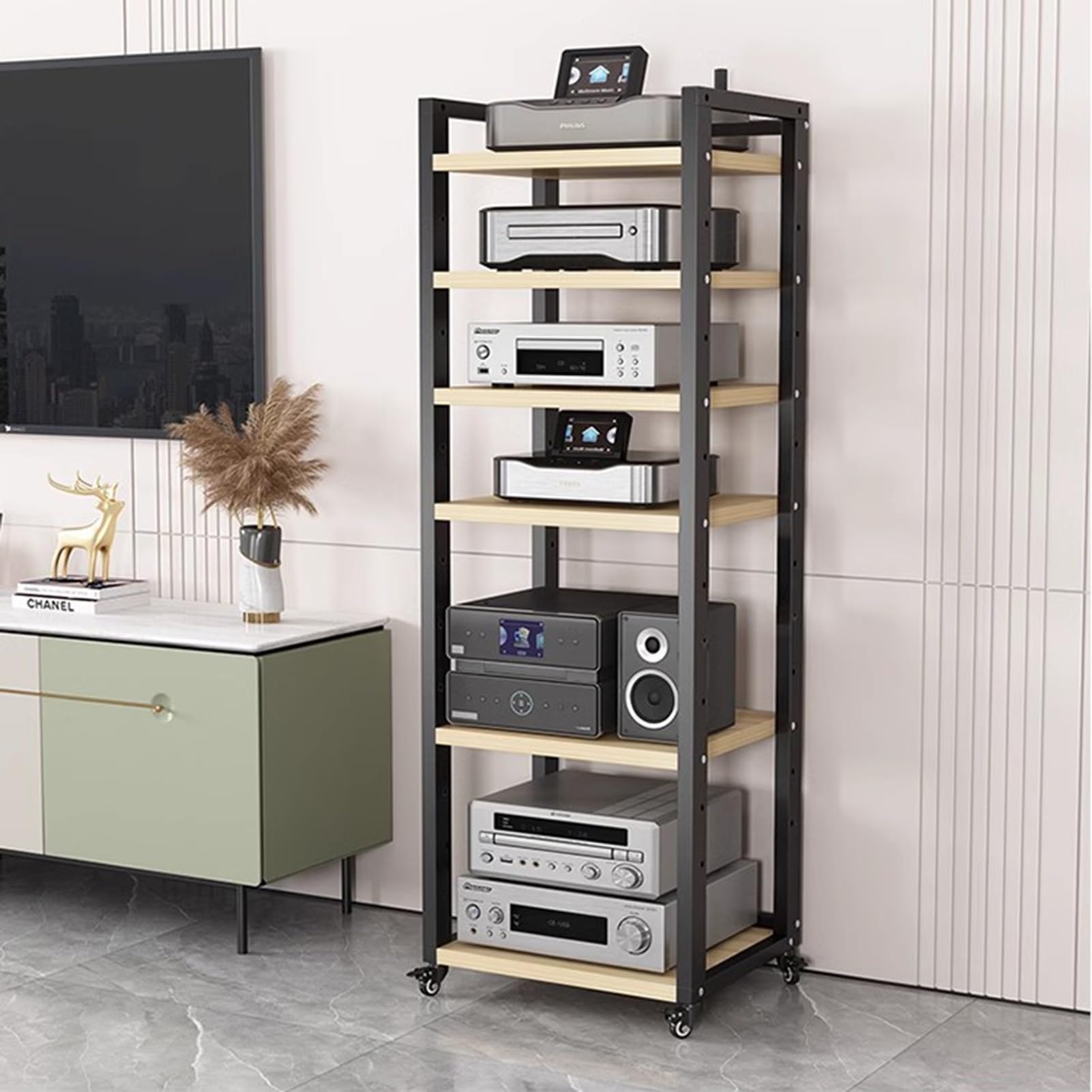 Szafka na sprzęt audio, Wielofunkcyjny stojak na komponenty audio/wideo o wysokości 161 cm i 63 cali, nowoczesna szafka z kółkami kółkach(Black1,7 TIER50CM WIDE)