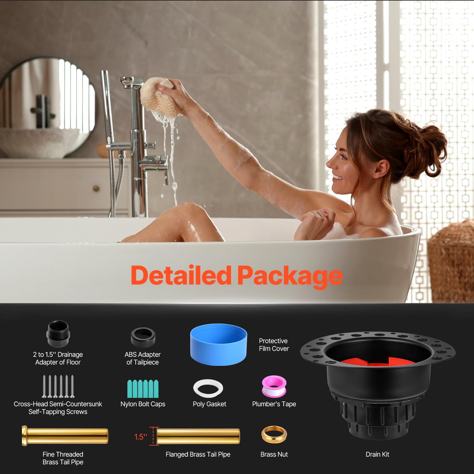 VEVOR Kit de Desagüe para Bañera Independiente de ABS, 2 Tubos de Cola de Latón, con Adaptador ABS de Cola, Compatible con Bañeras Independientes, Montadas en el Piso y las de Isla, 178 x 158 x 102 mm