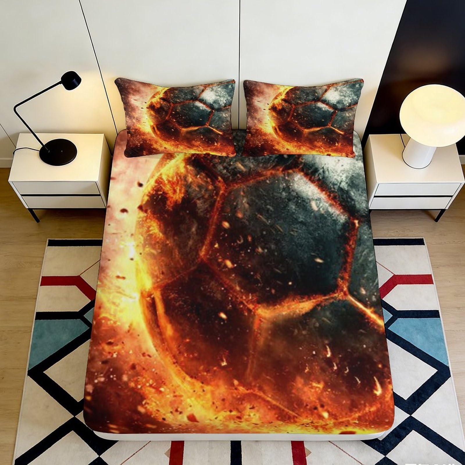 3D Printed Flame Soccer Fitted Sheet Microfiber Deep Pocket Elastic Fireball Mattress Fitted Cover for Bedroom Bedding 90x200x25cm