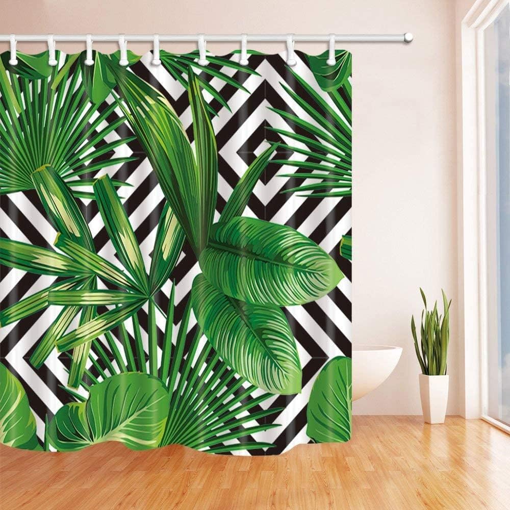 NYMB Abstract Shower Curtain, Jungle Plant Tropical Palm Leaves on The Black White Geometric Bath Curtain, Polyester Fabric Waterproof Shower Curtains, 69X84in, Shower Curtain Hooks Included, Green