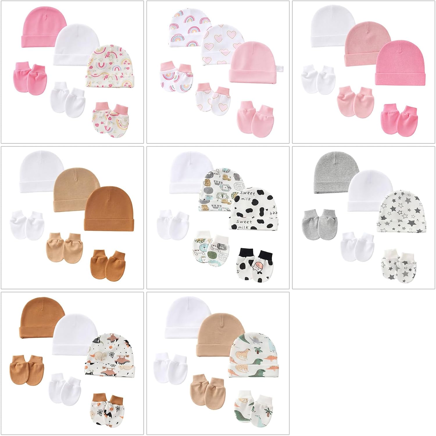 3 Set Newborns Cotton Hat and Mittens Soft Breathable Fabric Elastic Fetal Caps Foldable Cuffs for Baby Boys Girls