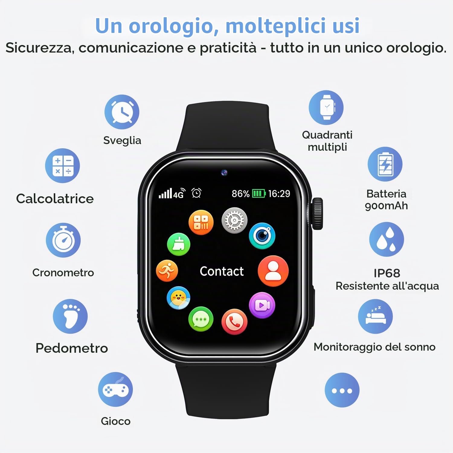 4G Smartwatch Bambini, IP68 Orologio Smartwatch Bambini con GPS, Chiamate, Videochiamate, Chat Vocale, Doppia Fotocamera, SOS, Modalità Scuola, Torcia, Sveglia, Smart Watch per Ragazzi e Ragazze Nero