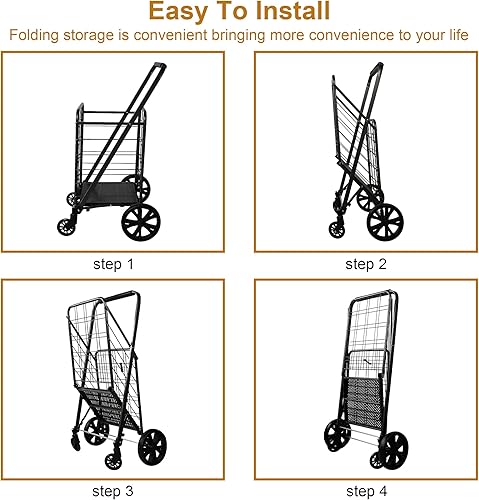 Miniatura 3 de Carrito de compras plegable con ruedas giratorias de 360 para comestibles, lavandería, libro, equipaje, viaje, capacidad de 77 libras, color negro