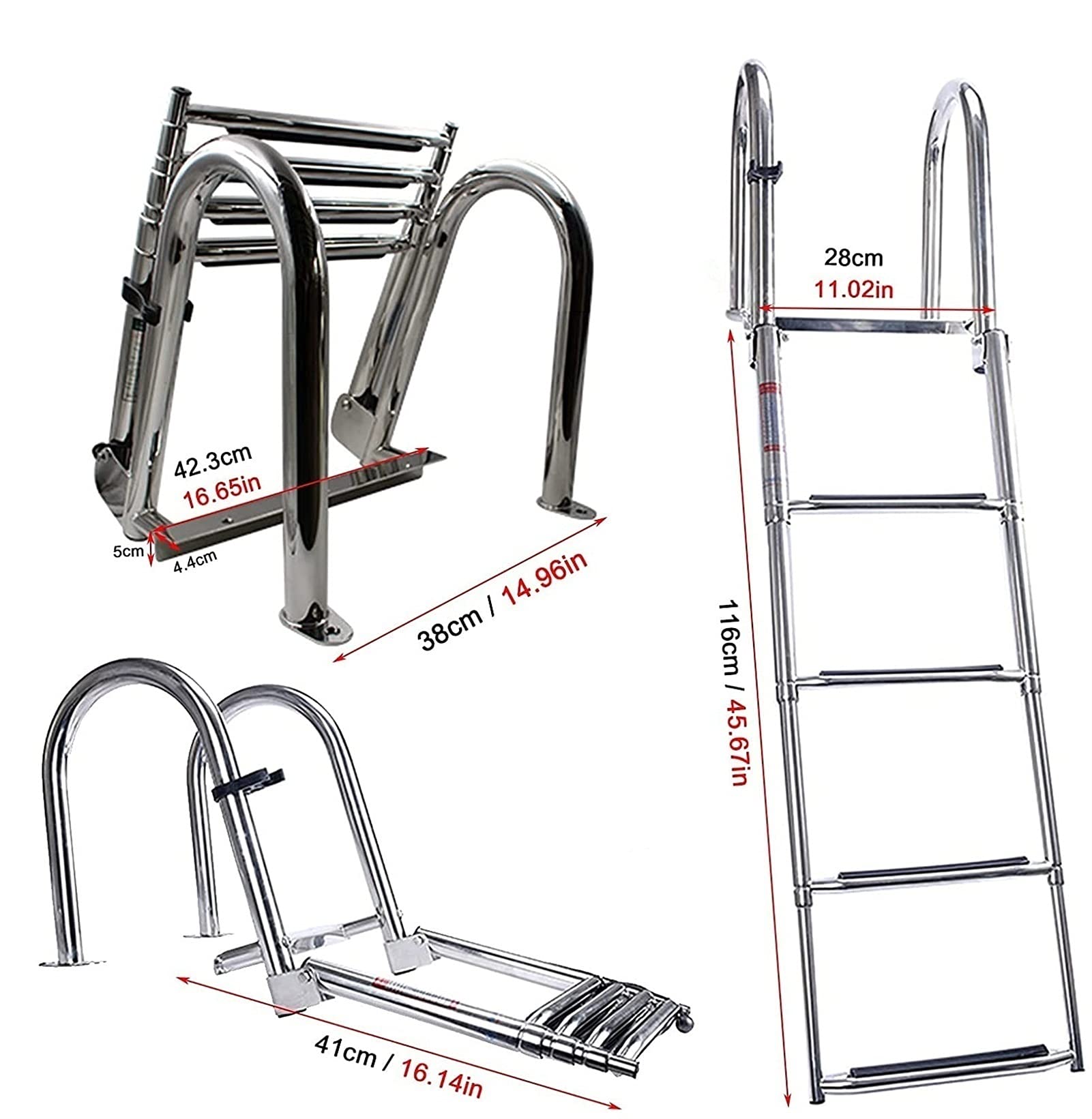 Échelles de Bateau Ponton Pliables en 4 marches, échelles de Pont de Bain télescopiques en Acier Inoxydable, Support d'entrée arrière, avec Main Courante et marches Extra Larges