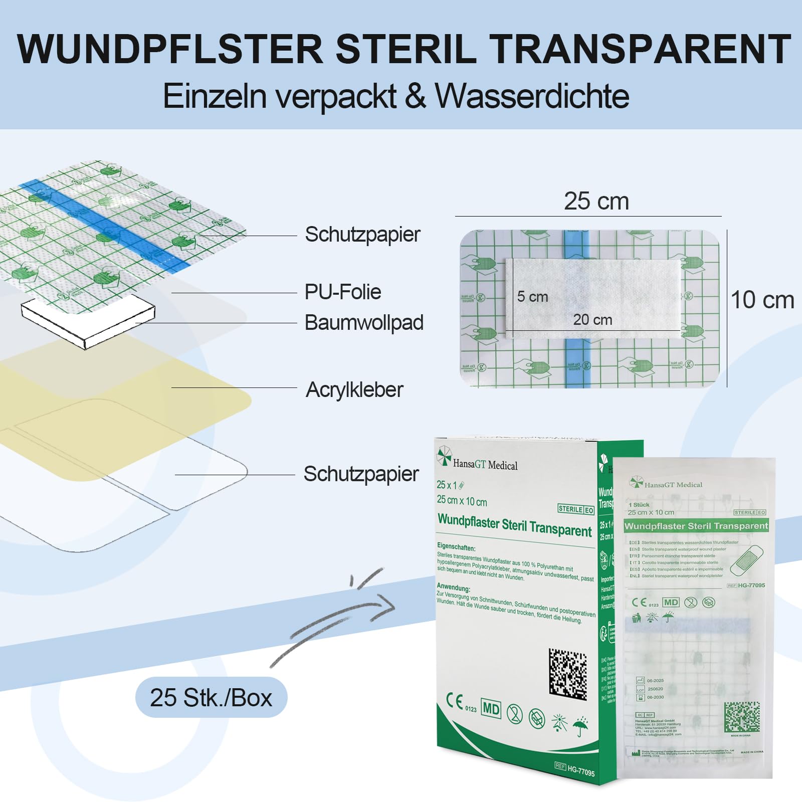 Wasserfest Pflaster 25 x 10 cm Wundpflaster steril transparent - wasserdichtes Pflaster nach OP Duschpflaster - selbstklebender Verband einzeln verpackt 25 Stück+E-Book (über Gesundheit)