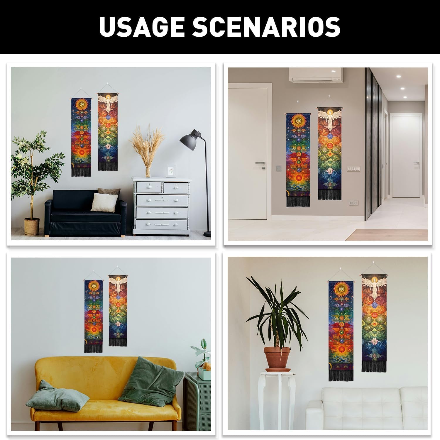 PLIGREAT Arazzo da parete per meditazione chakra, per camera da letto, bagno, soggiorno, dormitorio, lungo, stretto, da appendere alla parete, decorazione artistica per casa e ufficio, confezione da 2
