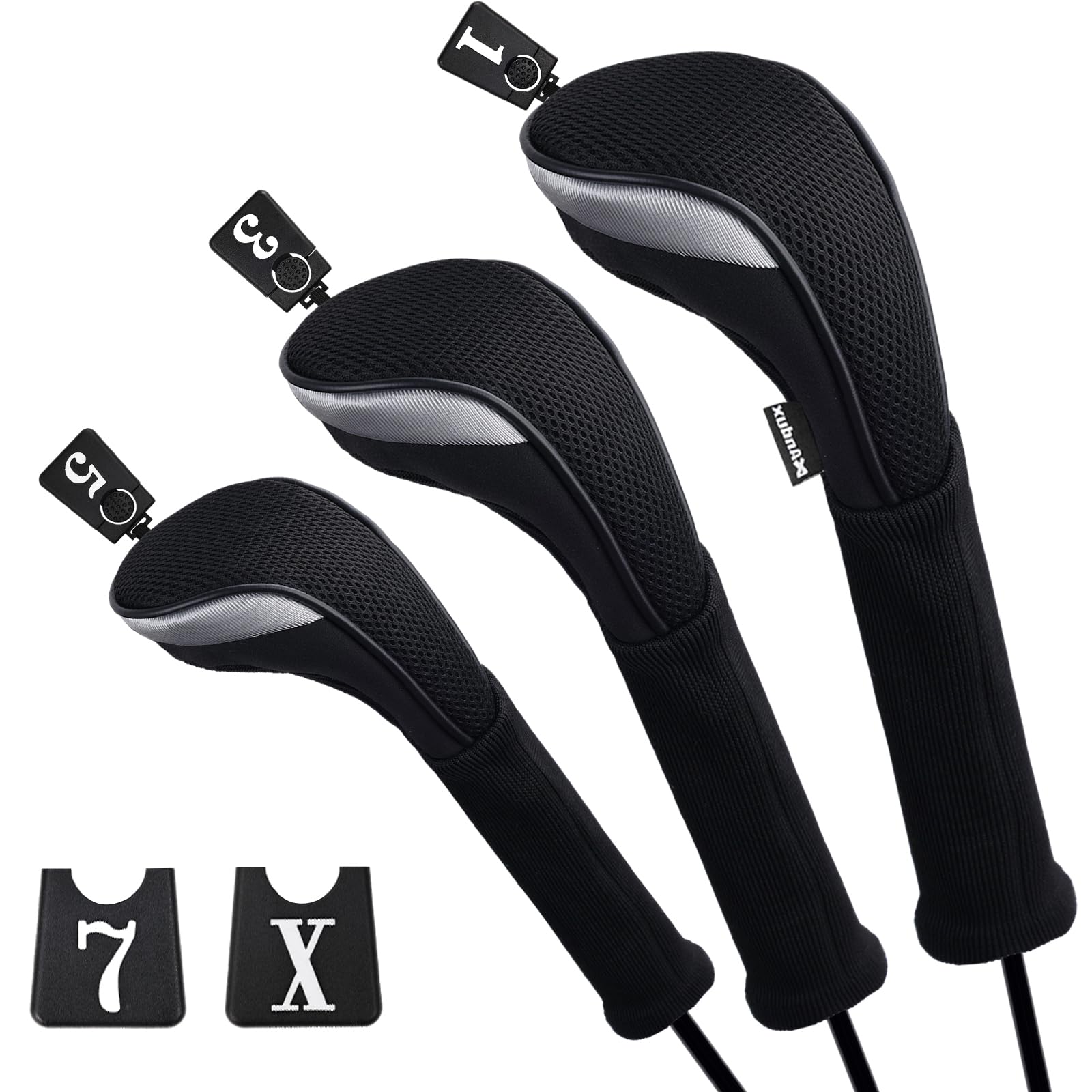 Andux Golf Fairway Wood Club Head Covers 460cc Driver Extra Long Neck 3pcs/Set Black/Black