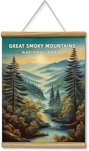 Póster de pared vintage de Great Smoky Mountains National Park de 12 x 16 pulgadas con barras de madera, colgador de cuerda, arte de pared colgante